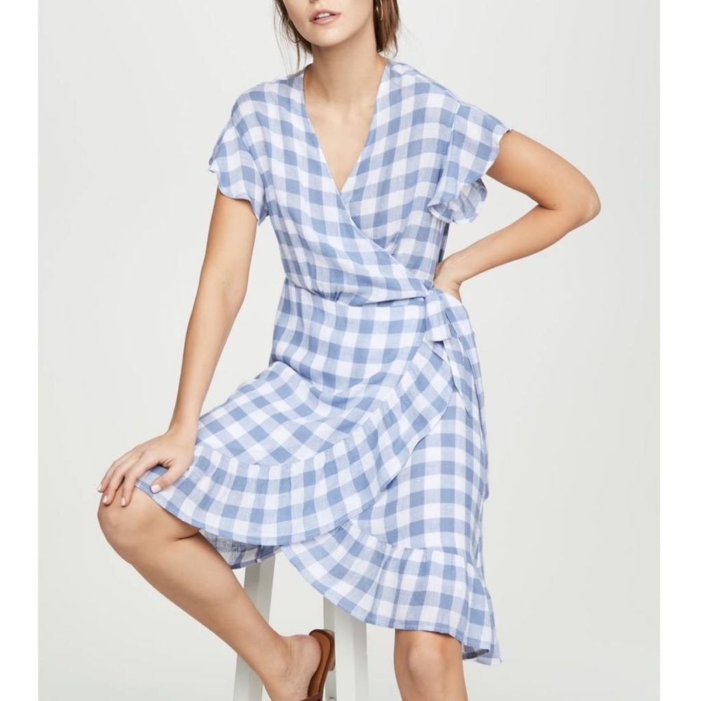 RAILS Brigitte Periwinkle Check Wrap Style Dress Ruffle Linen Blend Size Small